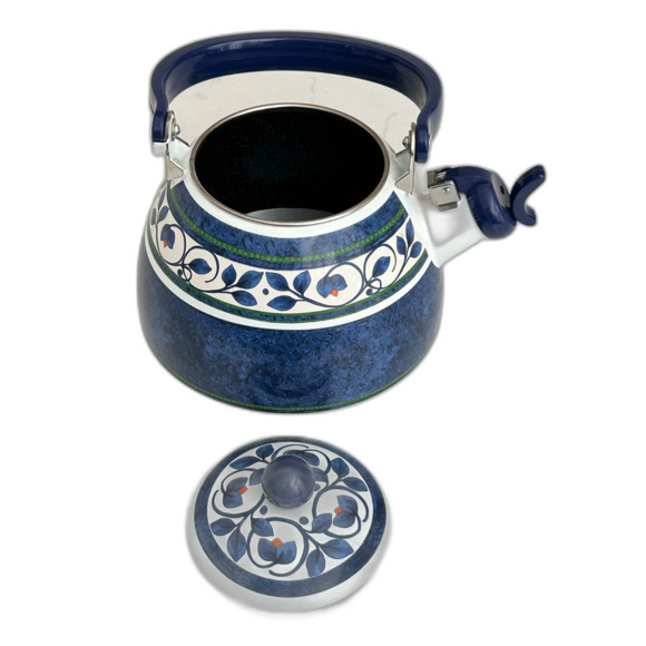 Pfaltzgraff Enamel Tea Kettle Blue/Green/White Stripe & Floral Orleans Pattern - Picture 6 of 9